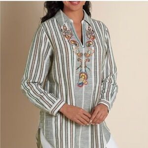 Soft Surroundings Blue and Orange Embroidered Tunic 1X
